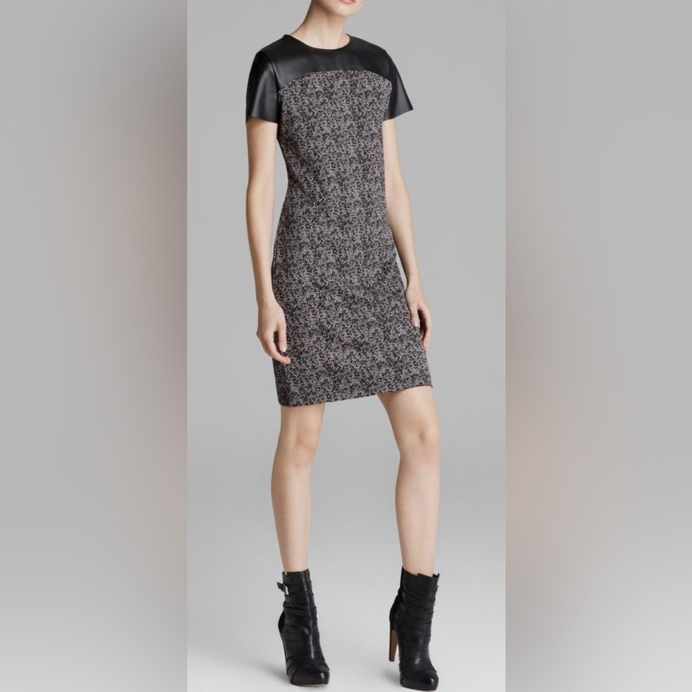 Michael Kors- Leather & Tweed look Pencil Dress, Black/White/Grey- 00
